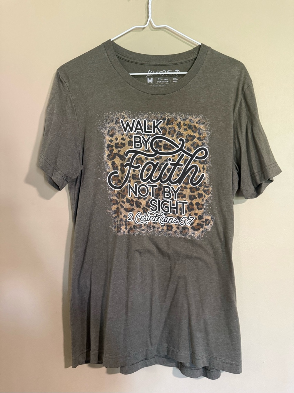 Walk by Faith Short Sleeve Tee - Olive with Leopard Graphic